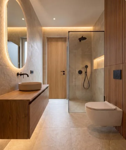 Bathroom with a walk-in shower and illuminated circular mirror