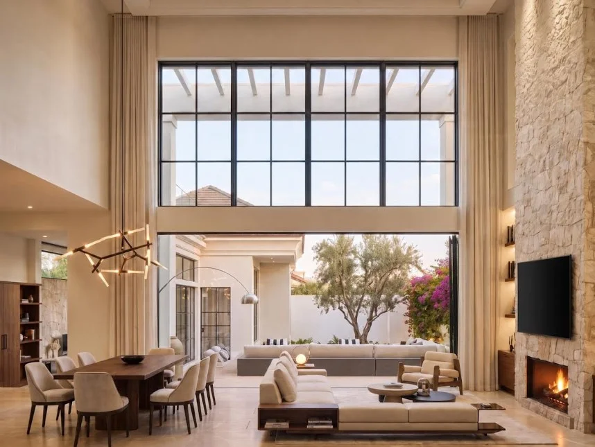 Double-height living room with a stone fireplace and courtyard