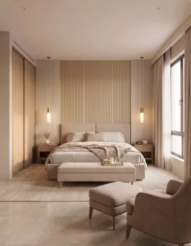 Light-filled bedroom with a lounge chair